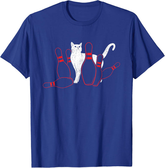 Cute Alley Cat Knocking Bowler Tipping Bowling Pin Kitty Men Women Girls Kids T-Shirt - T-Shirt | Royal