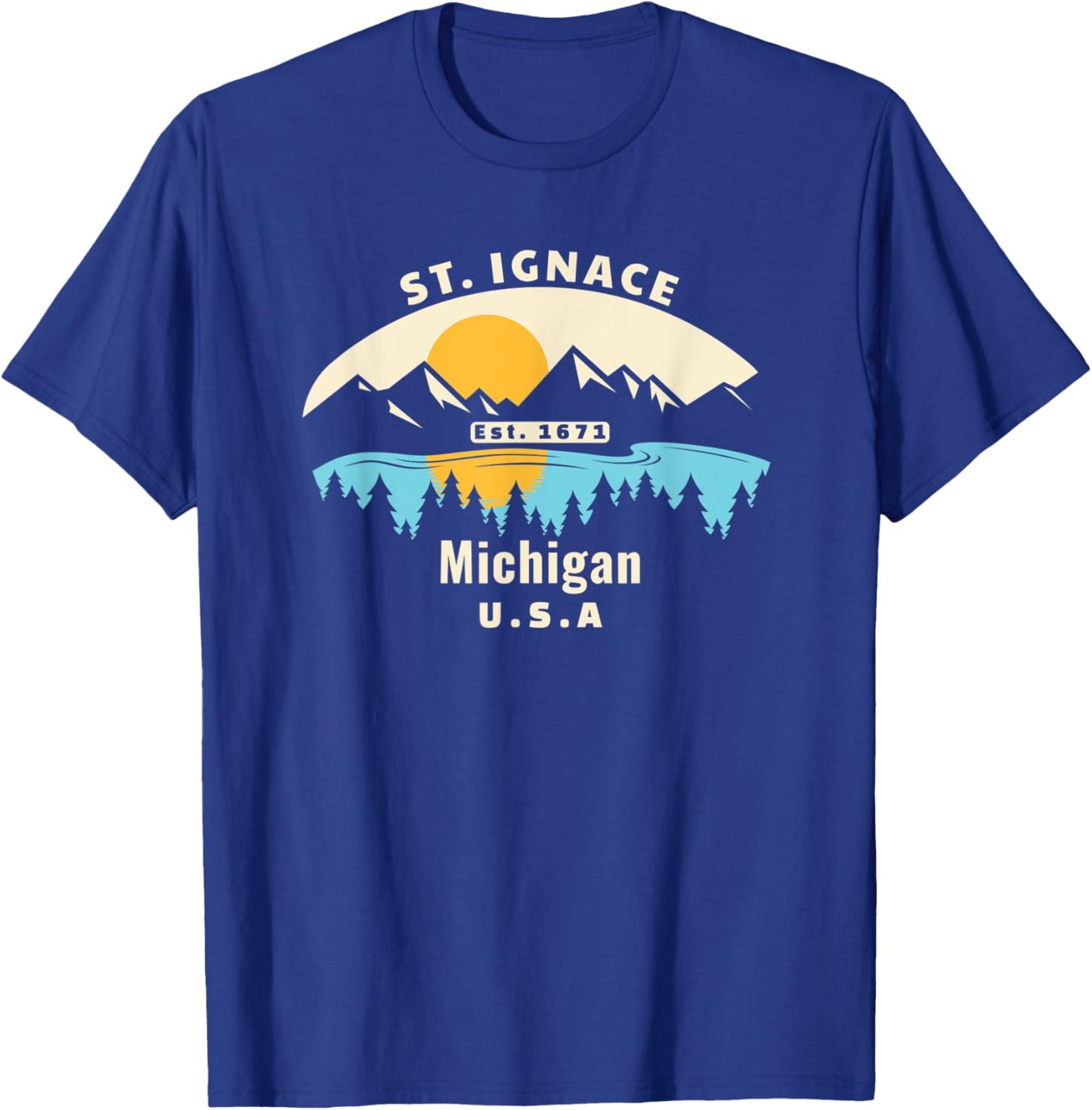 St. Ignace Michigan Souvenir Mountain Sunset River T-Shirt - T-Shirt | Royal