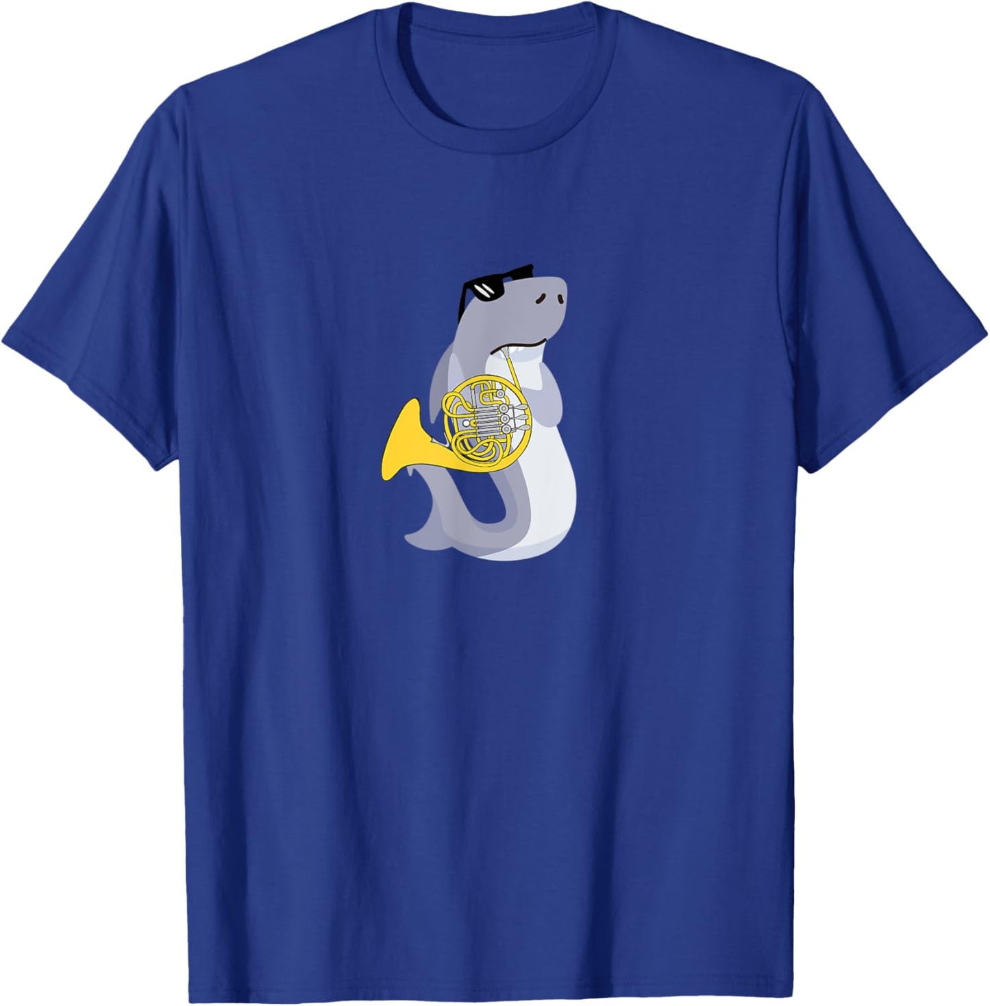 Funny Shark Wearing Sunglasses Playing French Horn T-Shirt - T-Shirt | Royal