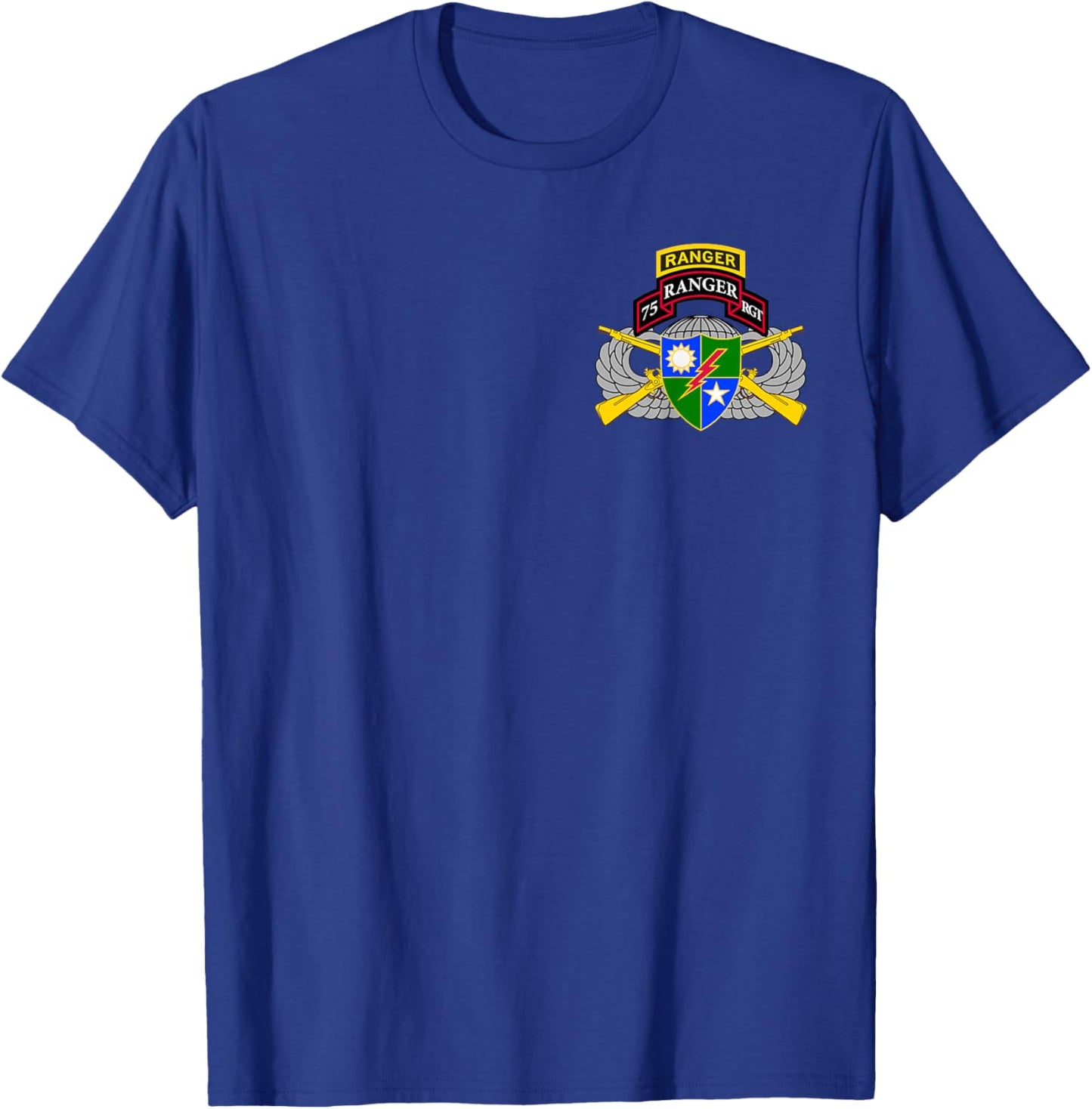 US Army Ranger - 75th Scroll, Tab, Airborne Wings, Rifles T-Shirt - T-Shirt | Royal