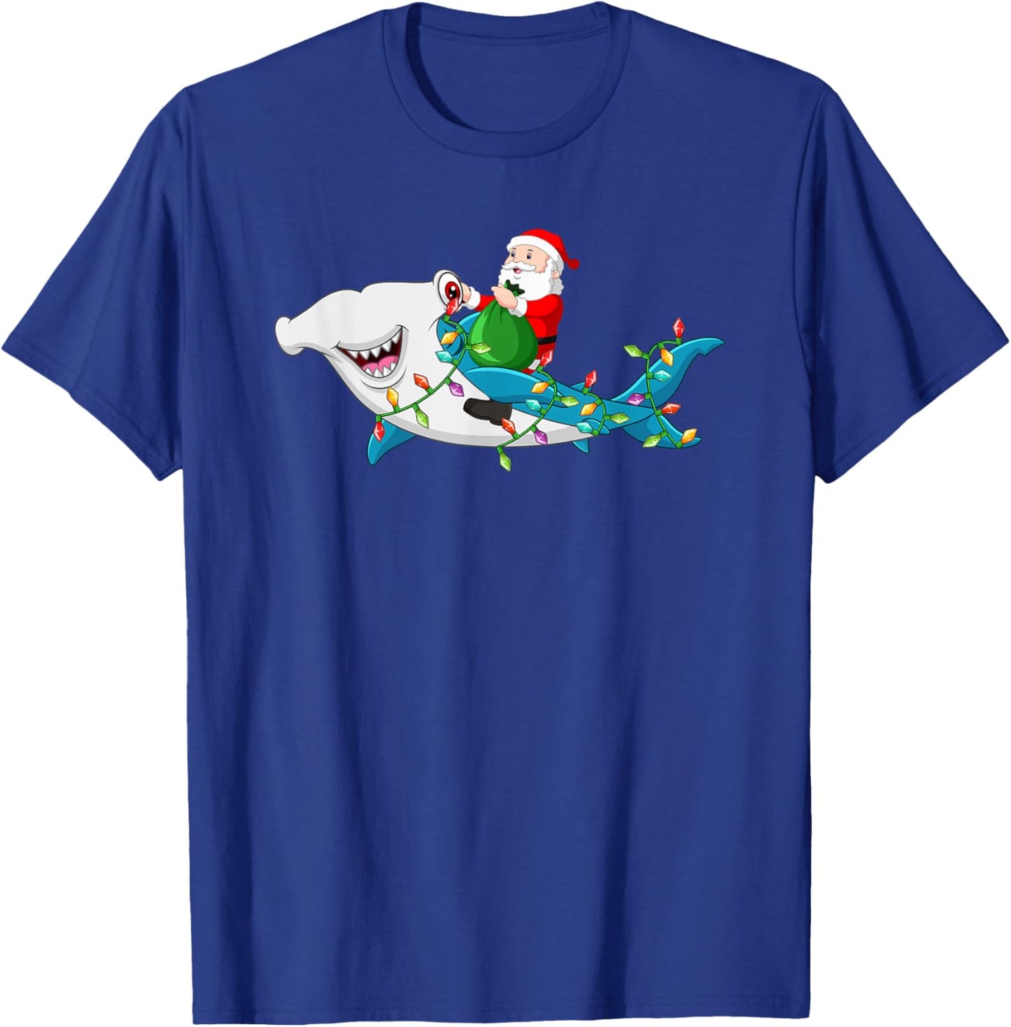Santa Riding Hammerhead Shark Christmas Light Kids Boys Men T-Shirt - T-Shirt | Royal