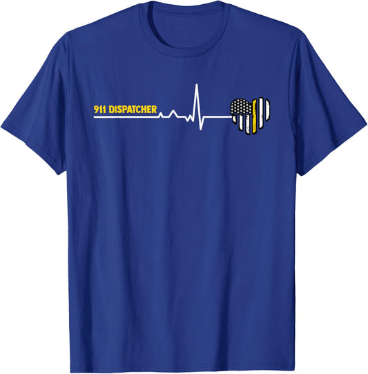 911 Dispatcher Heartbeat Police Thin Flag T-Shirt - T-Shirt | Royal