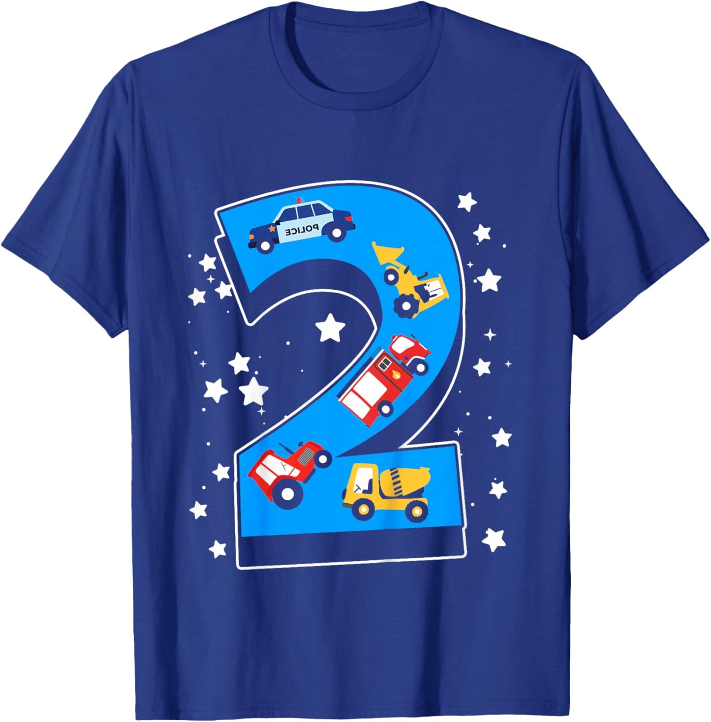 Kids 2nd Birthday 2 Years with firetruck and police car T-Shirt - T-Shirt | Royal