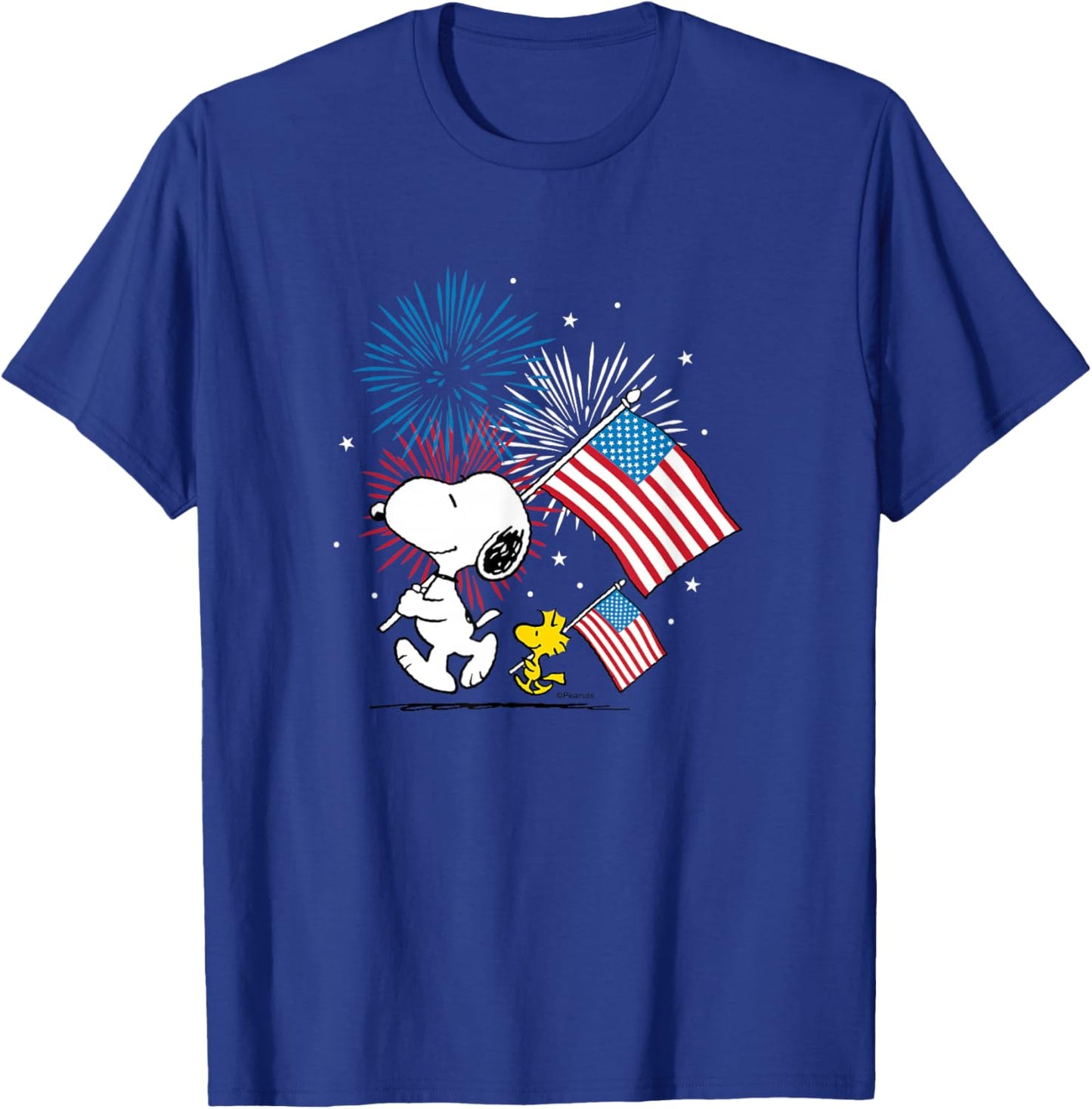 Peanuts - Snoopy & Woodstock American Flags & Fireworks T-Shirt - T-Shirt | Royal