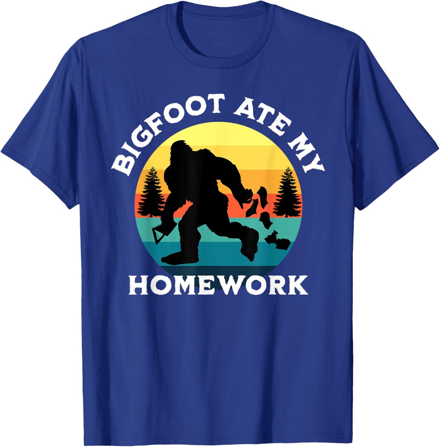 Vintage Retro Bigfoot Ate My Homework Funny Sasquatch T-Shirt - T-Shirt | Royal