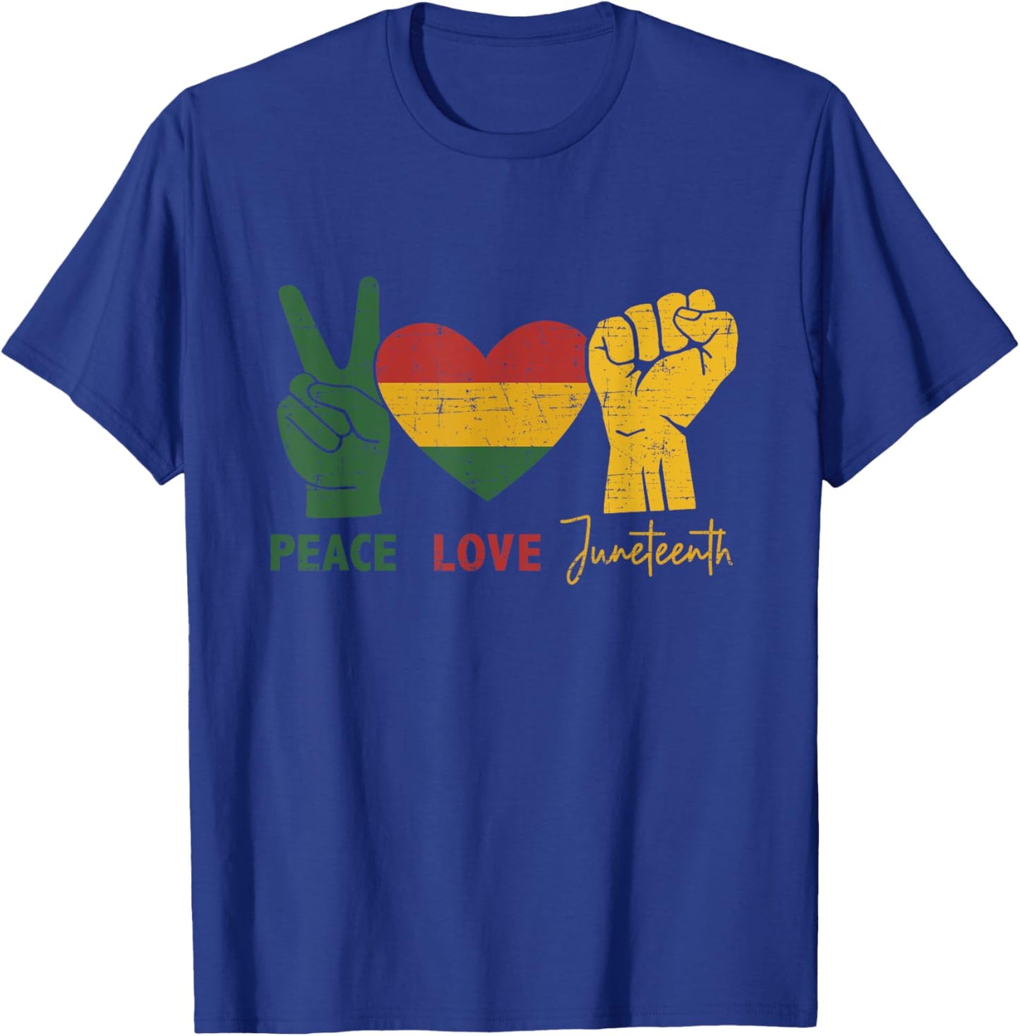 Peace Love Juneteenth with african flag heart and fist T-Shirt - T-Shirt | Royal