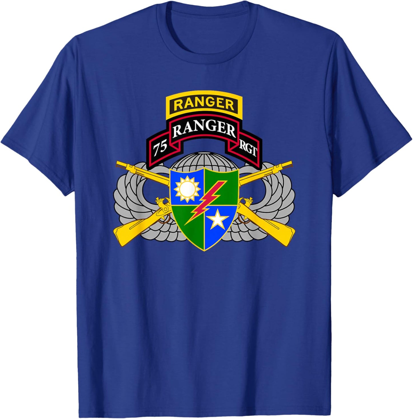 US Army Ranger - 75th Scroll, Tab, Airborne Wings, Rifles T-Shirt - T-Shirt | Royal