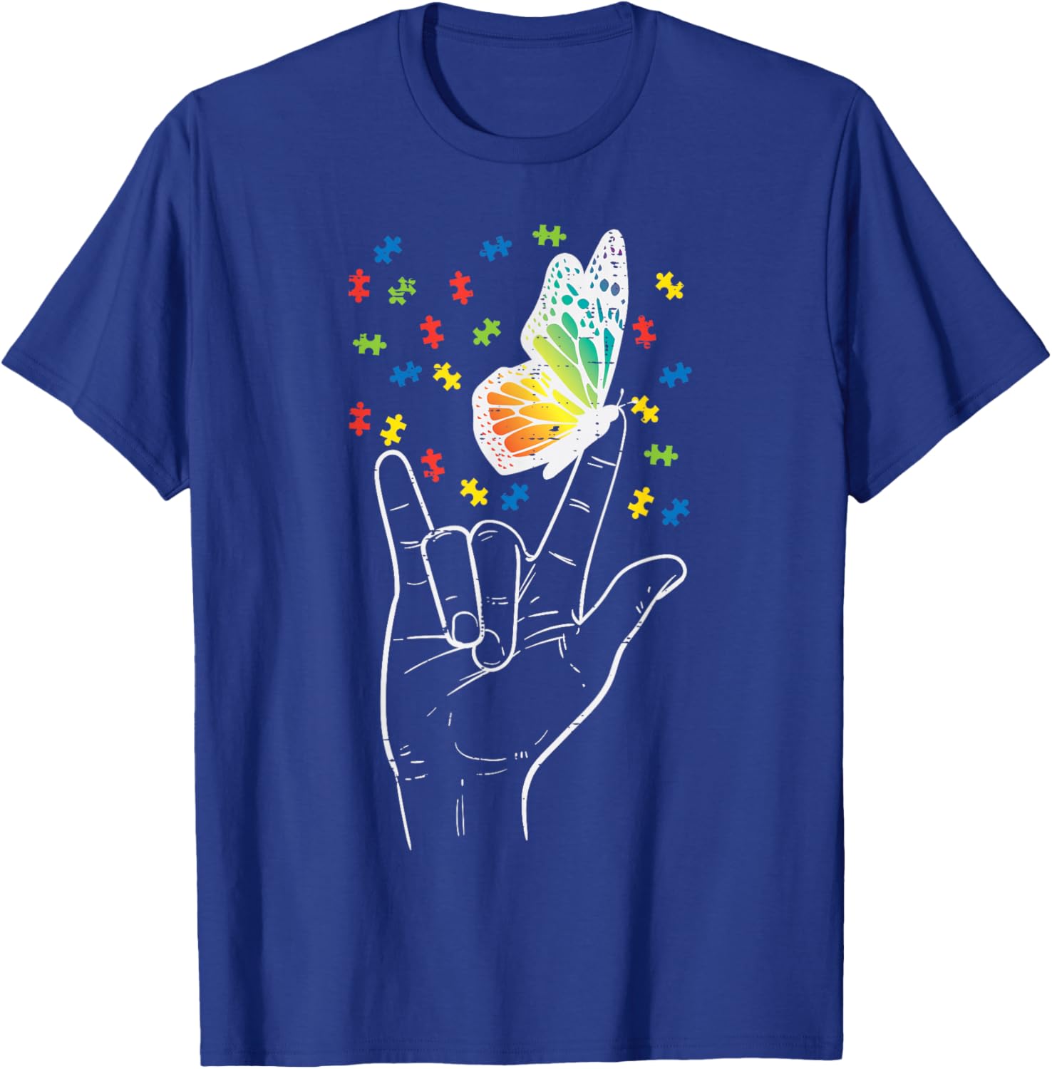 Asl Love Sign Butterfly Puzzle Autism Awareness Sped Teacher T-Shirt - T-Shirt | Royal