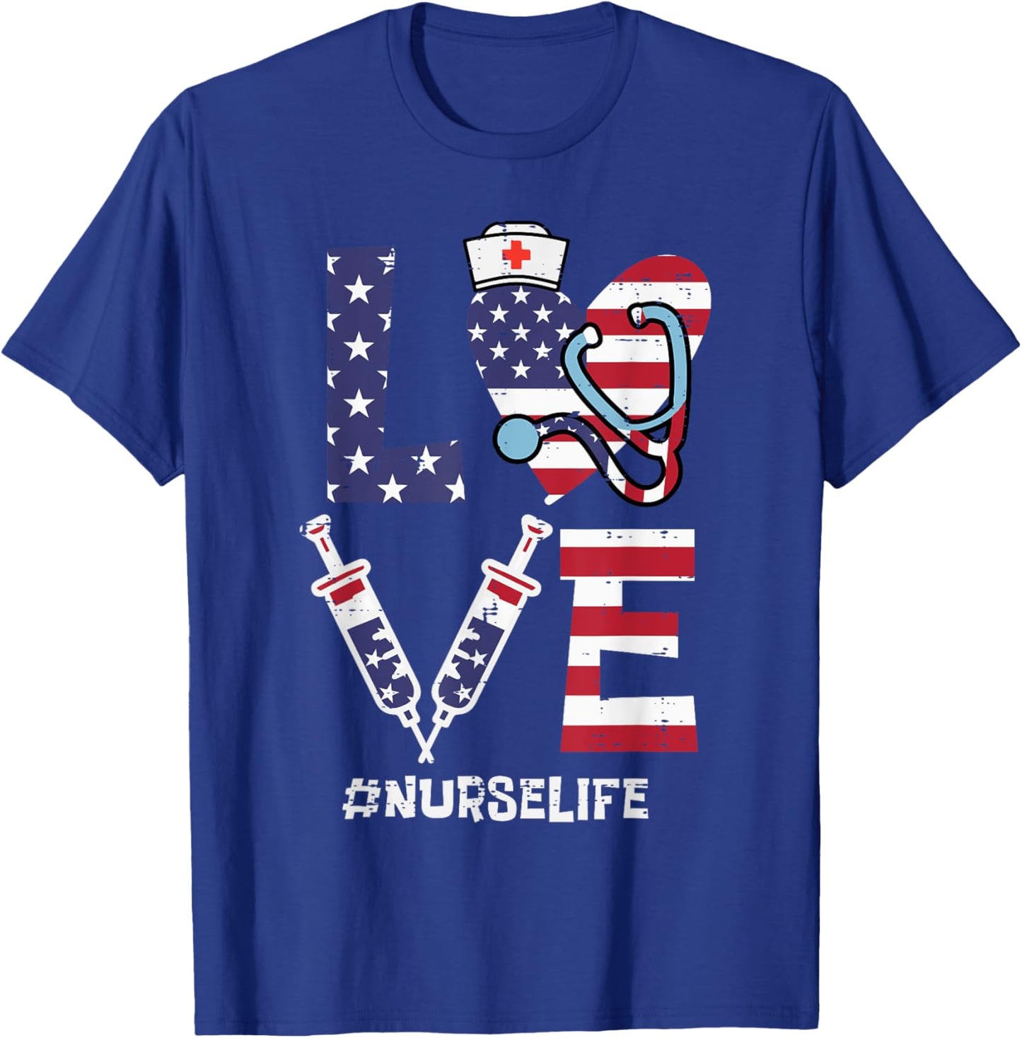 Love Stethoscope Nurse Fourth 4th Of July Nursing Patriot T-Shirt - T-Shirt | Royal