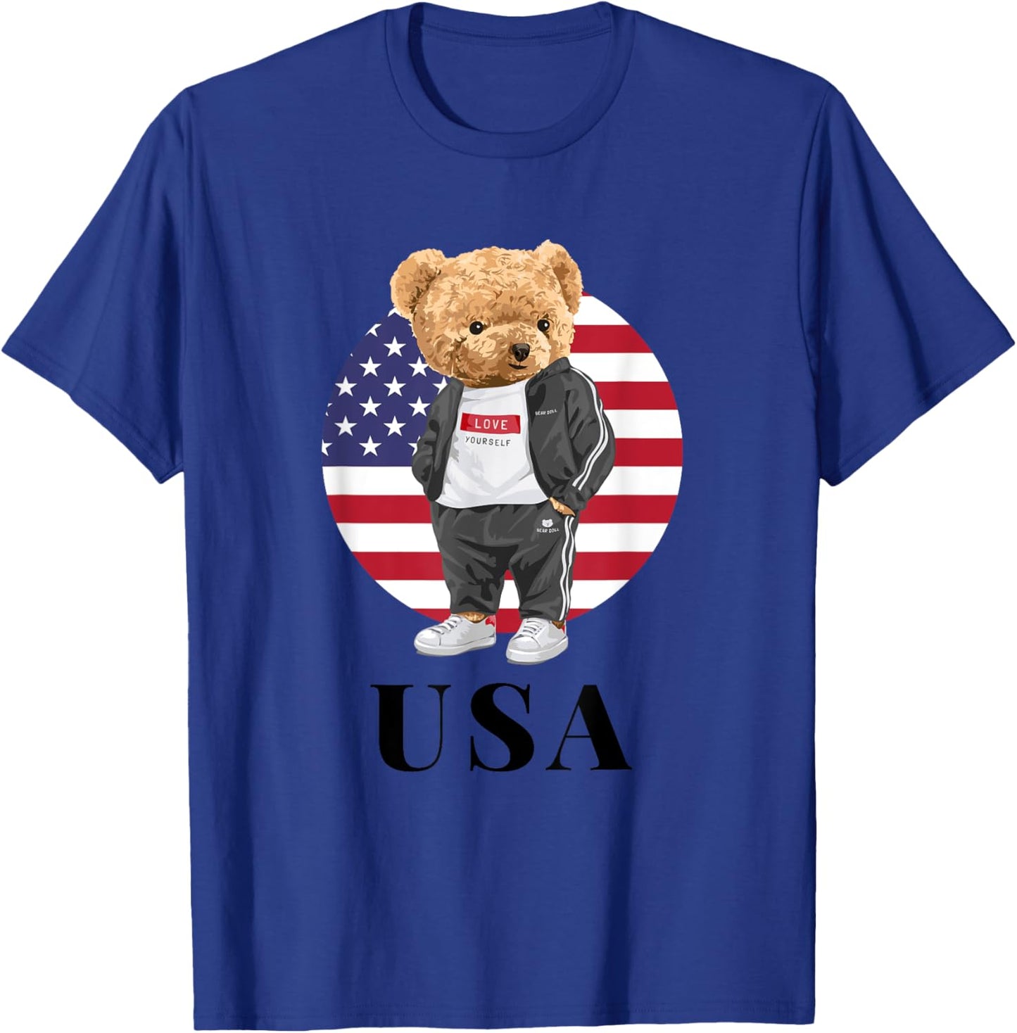 Love Yourself, Cool Illustration Teddy Bear With USA Flag T-Shirt - T-Shirt | Royal