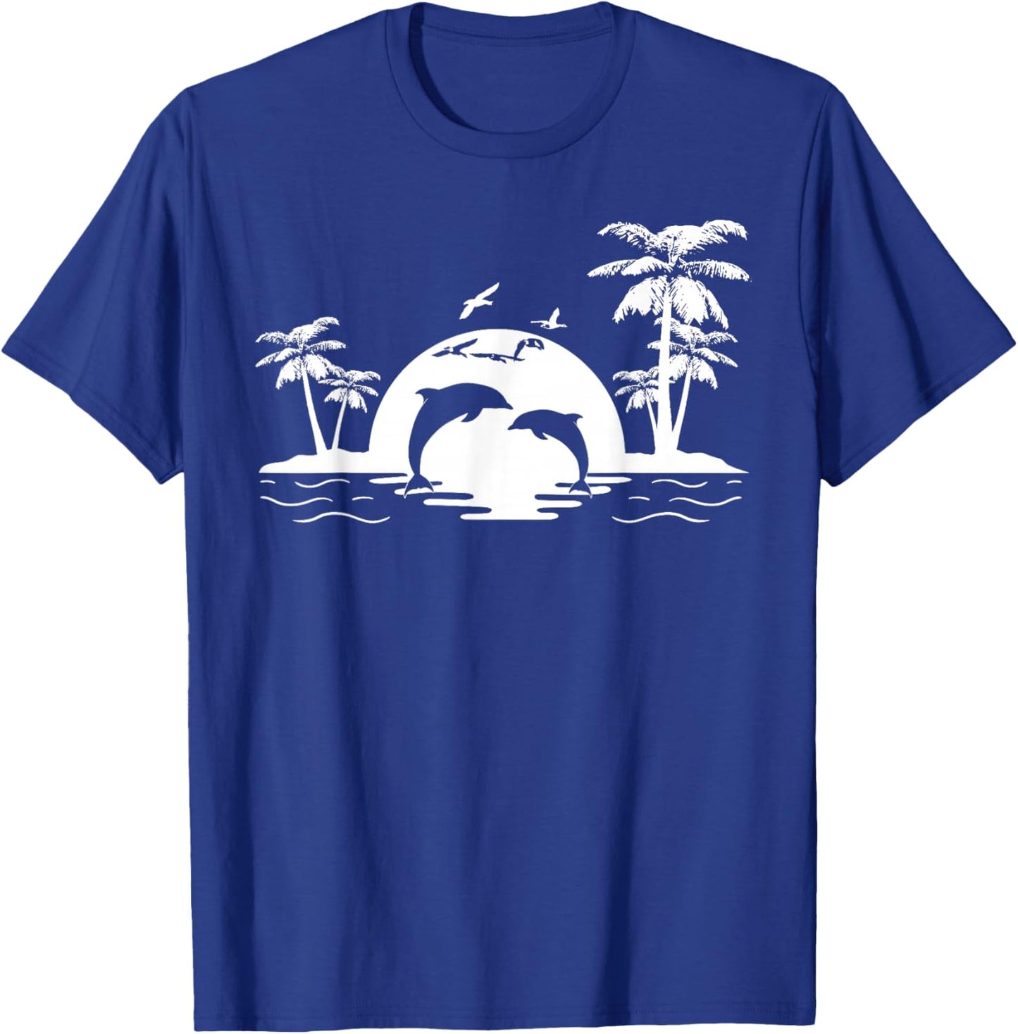 2 Dolphins Jumping Beach Sunset Island T-Shirt - T-Shirt | Royal