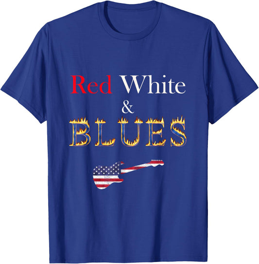 Red White and Blues Guitar Patriotic Flaming Blues Music T-Shirt - T-Shirt | Royal