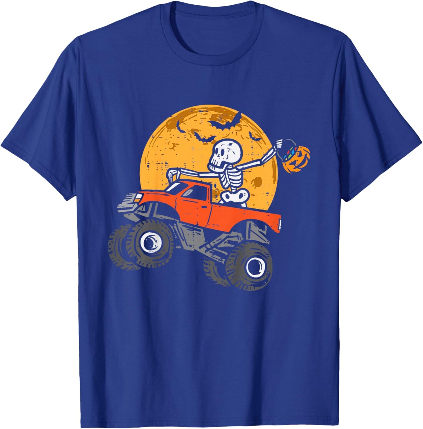 Kids Skeleton Monster Truck Moon Candy Toddler Boys Halloween Kid T-Shirt - T-Shirt | Royal