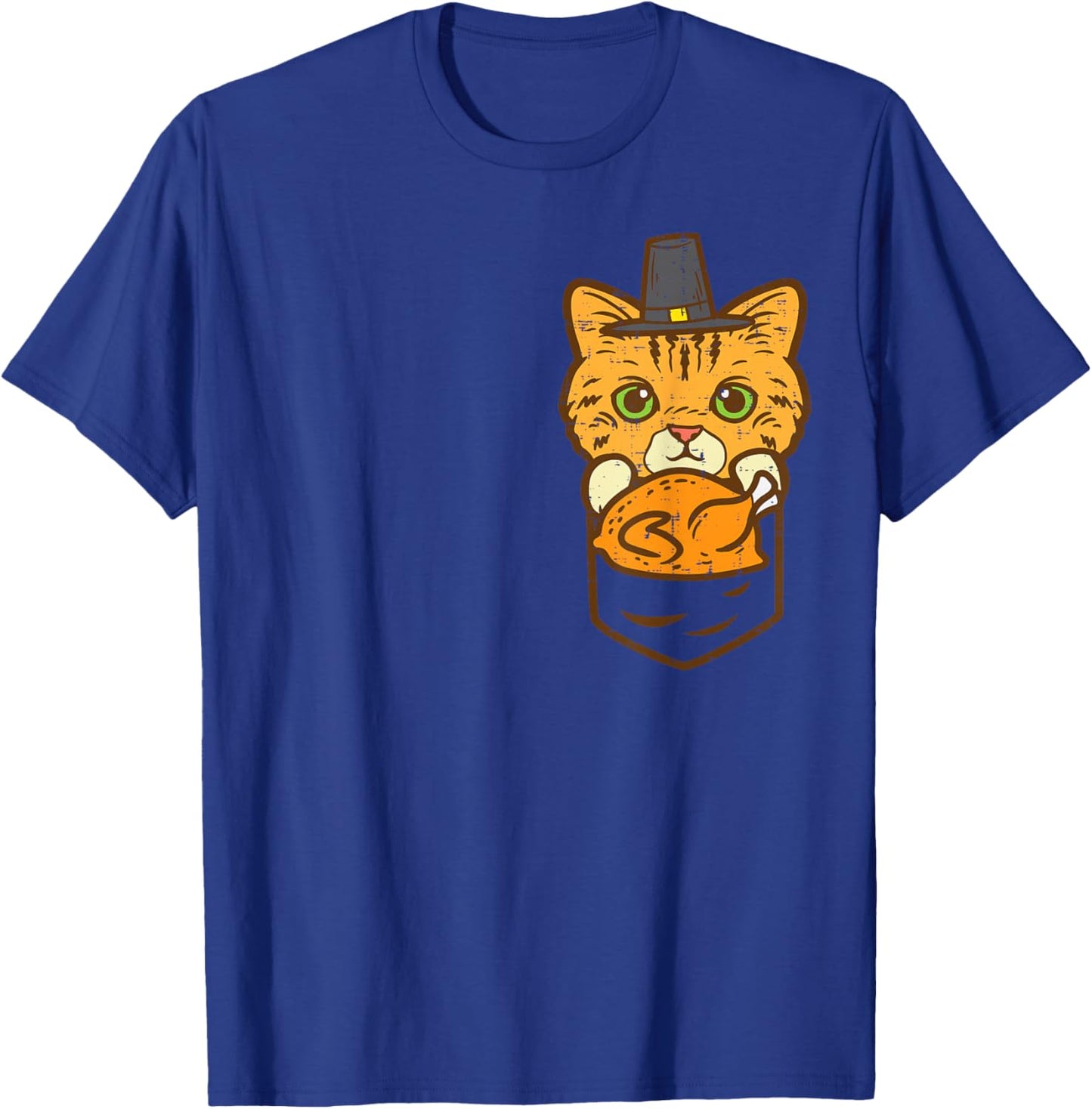 Pocket Pilgrim Cat Turkey Cute Thanksgiving Men Women Kids T-Shirt - T-Shirt | Royal