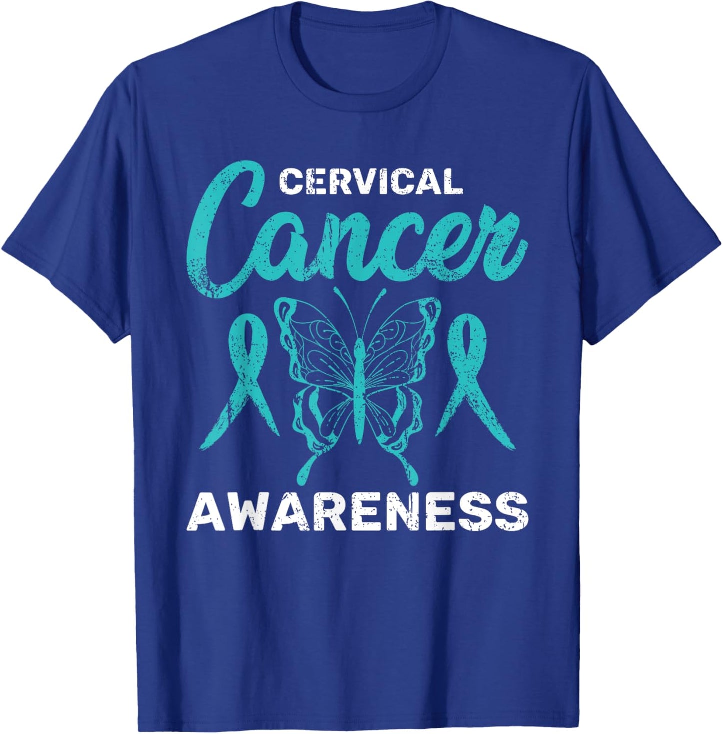 Teal Ribbon Butterfly Cancer Survivor Cervical Cancer T-Shirt - T-Shirt | Royal