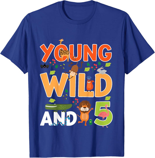 Kids 5 year old wild zoo theme birthday animals safari jungle boy T-Shirt - T-Shirt | Royal