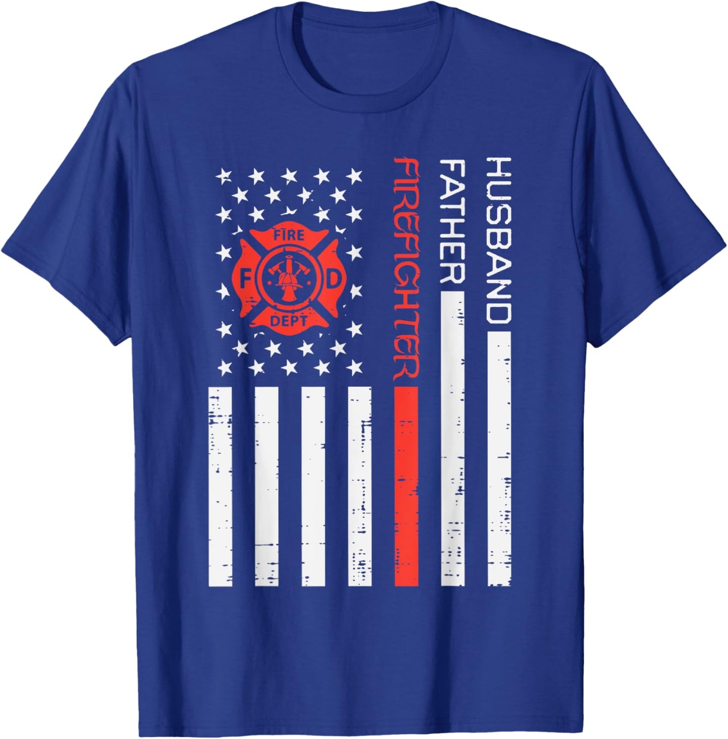 Husband Father Firefighter US Flag Red Line Fathers Day Men T-Shirt - T-Shirt | Royal