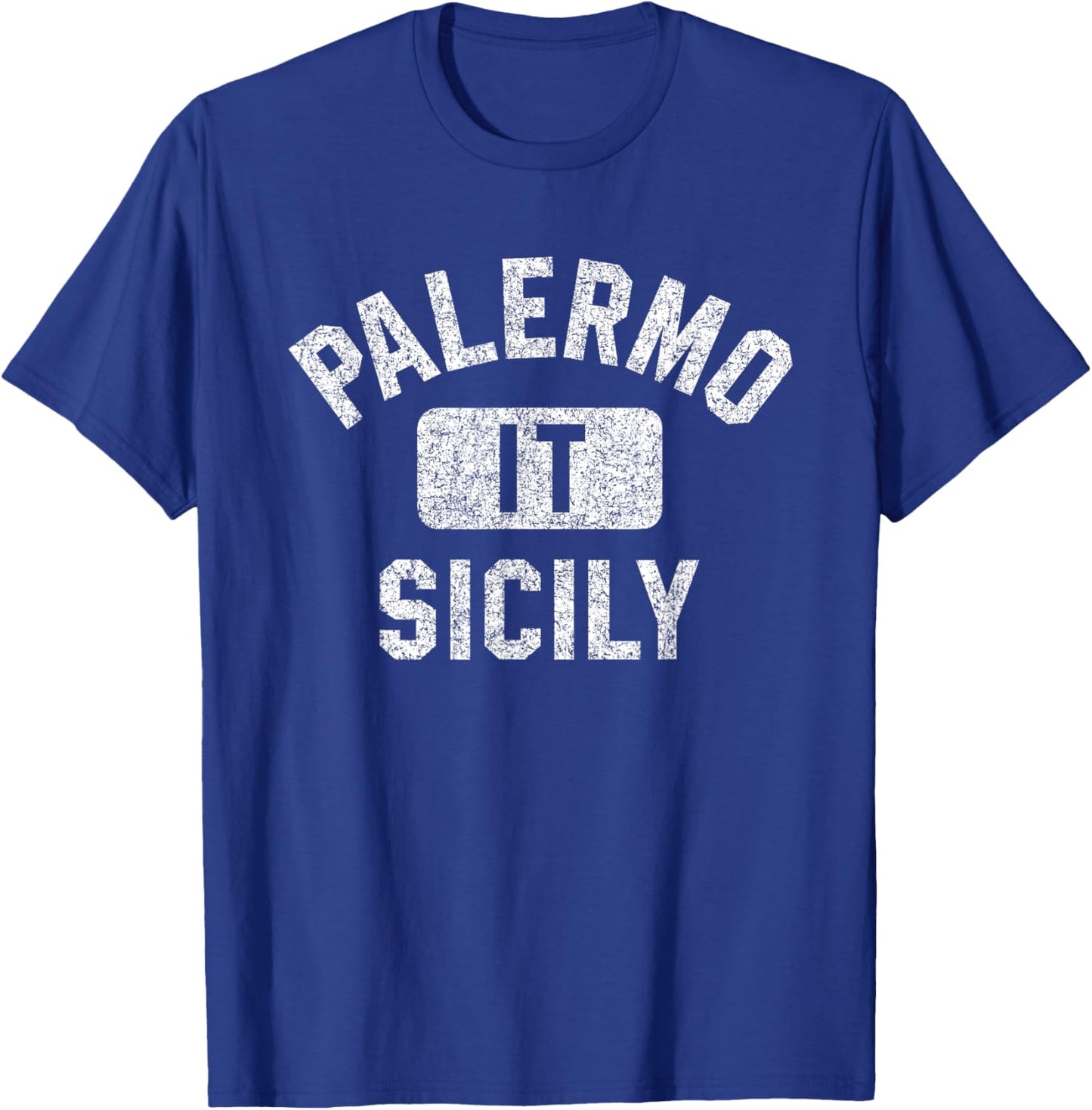 Palermo Sicily Gym Style Distressed White Print T-Shirt - T-Shirt | Royal