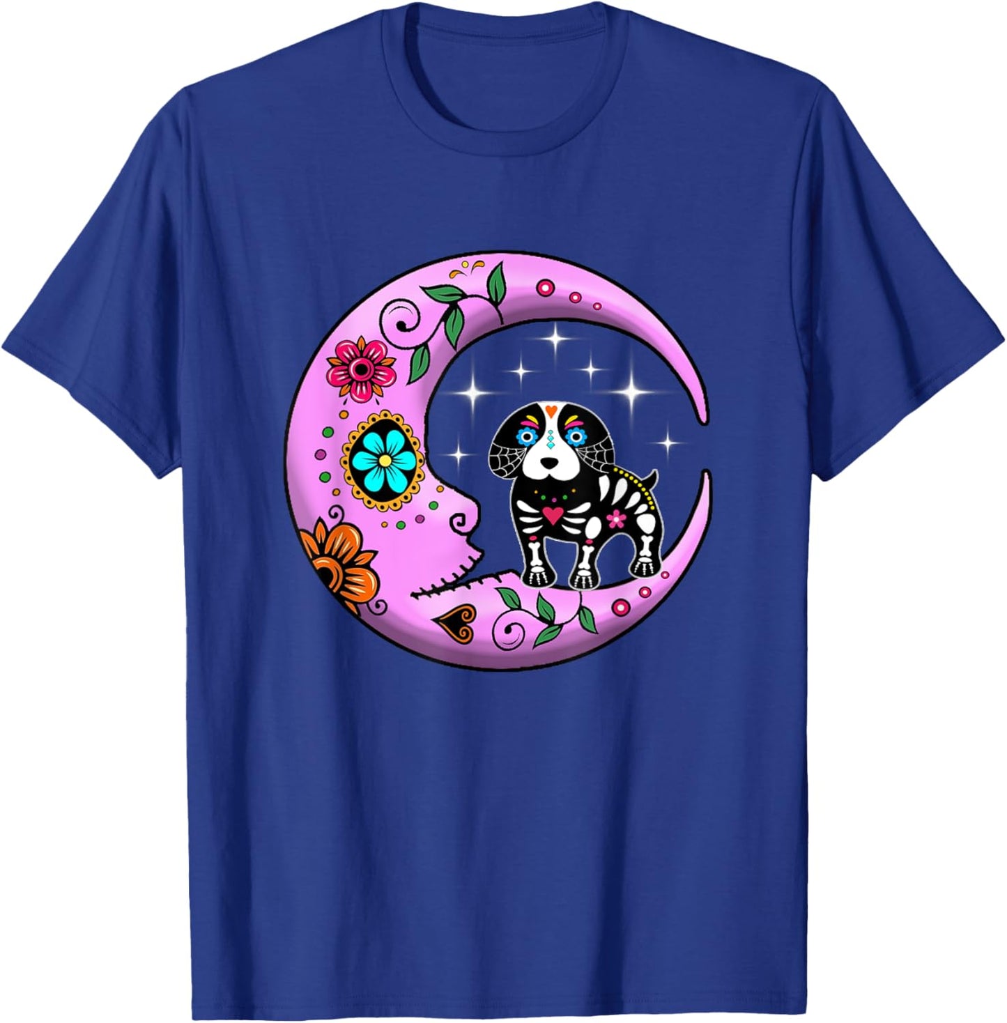 Dog & Moon Sugar Skull Dia de Los Muertos Funny Day Of Dead T-Shirt - T-Shirt | Royal