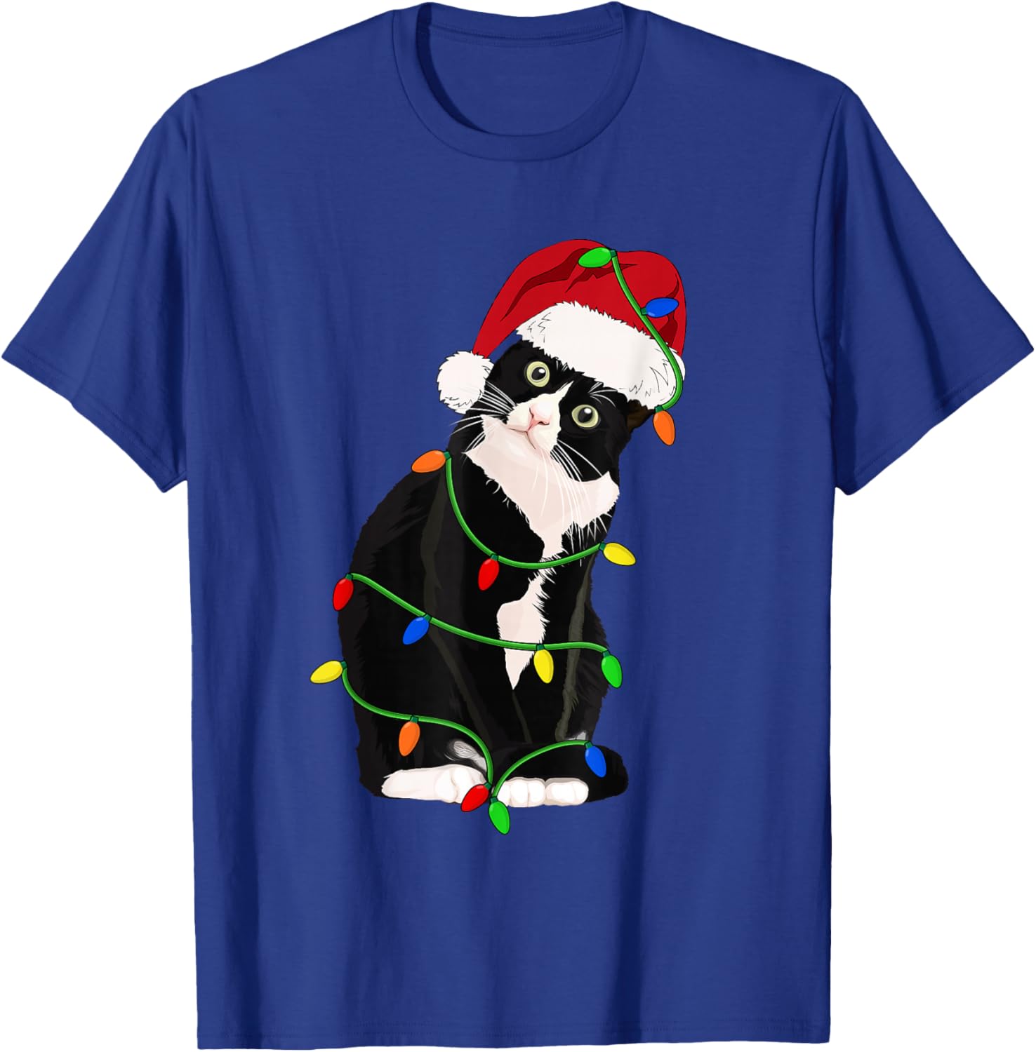 Tuxedo Cat Meow Santa Tuxie Christmas Tree Lights Cat Catmas T-Shirt - T-Shirt | Royal
