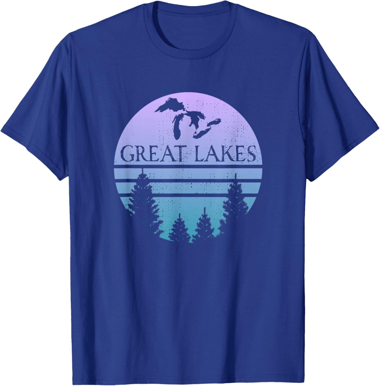 Great Lakes of Michigan Lakes Silhouette Trees T-Shirt - T-Shirt | Royal