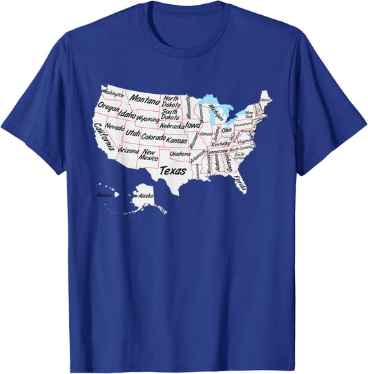 US Map with states names and border, USA map T-Shirt - T-Shirt | Royal