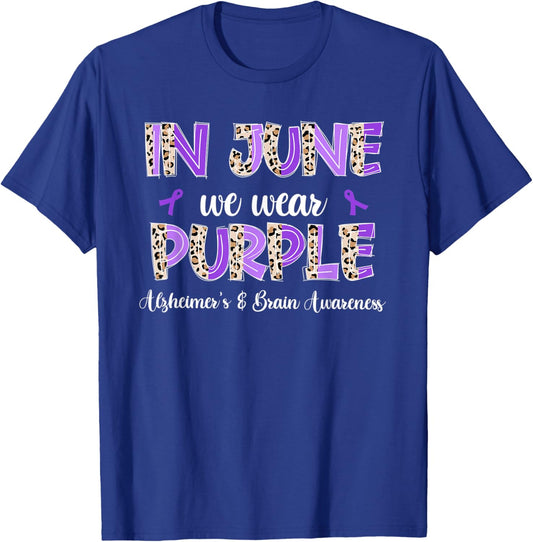 Boho Leopard June We Wear Purple Alzheimers Brain Awareness T-Shirt - T-Shirt | Royal