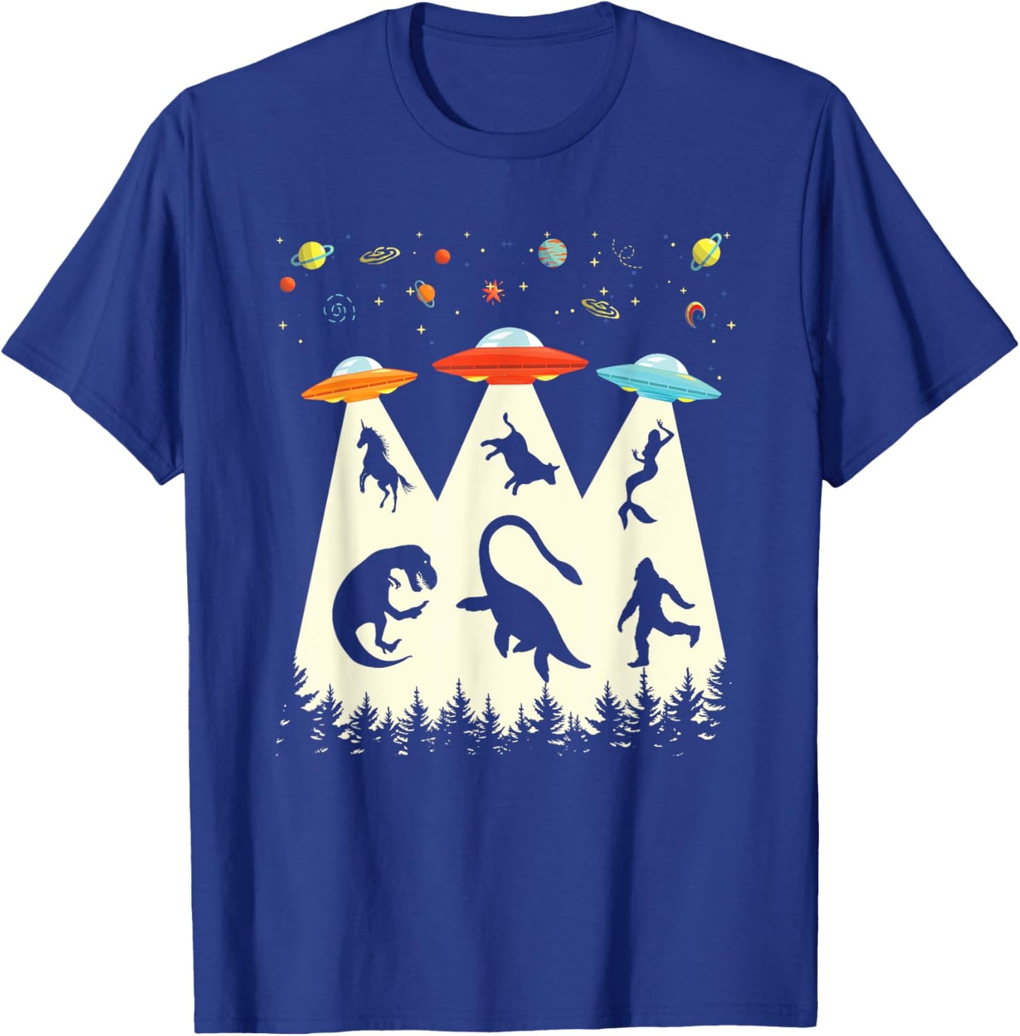 Vintage Alien Abduction T-Rex Loch Ness Bigfoot Funny UFO T-Shirt - T-Shirt | Royal