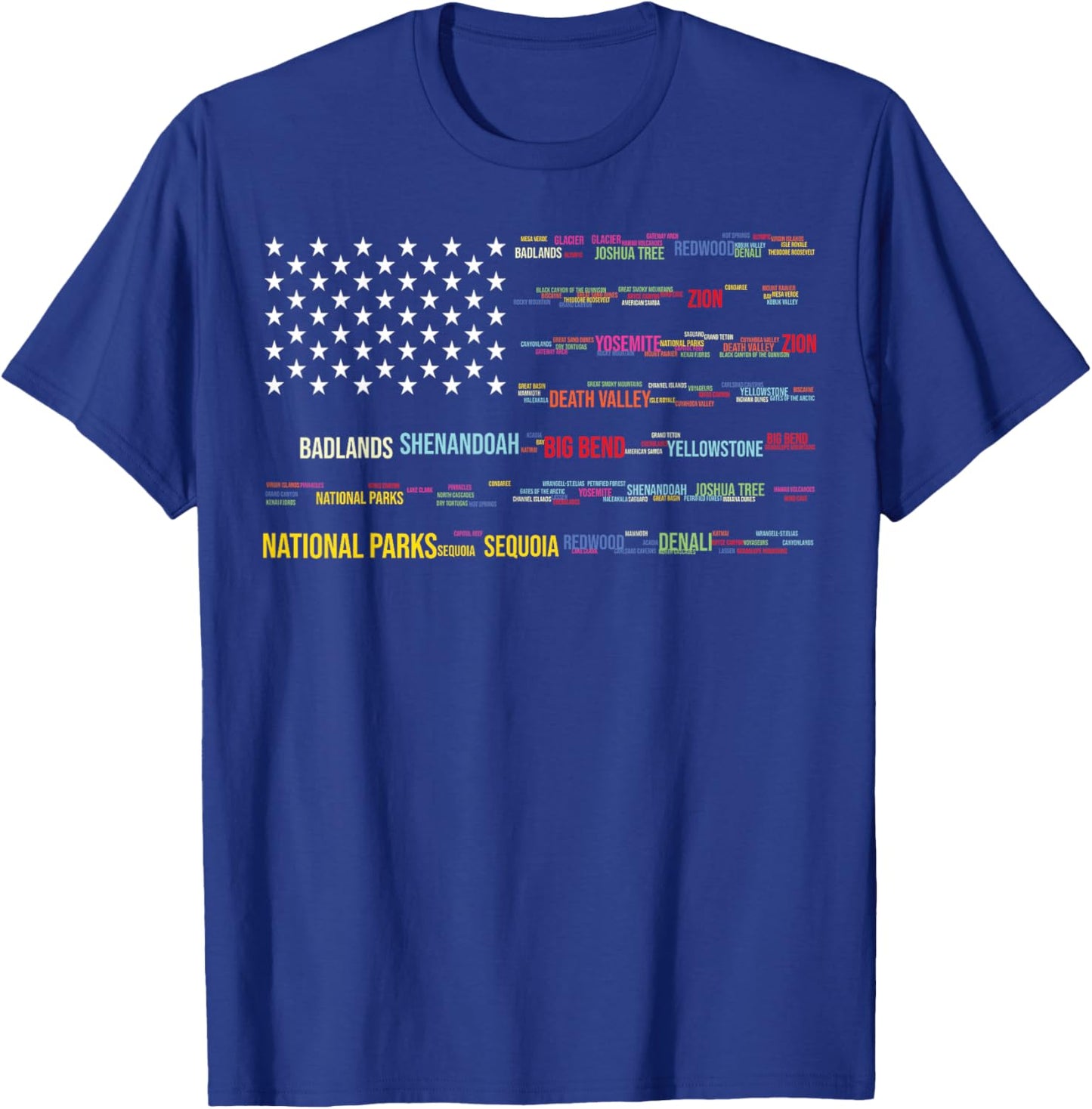 National Parks USA List Word Cloud US Flag Camping & Hiking T-Shirt - T-Shirt | Royal