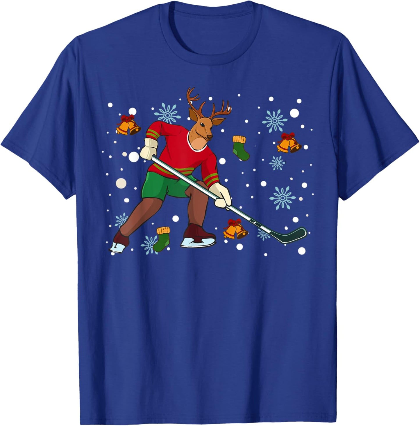 Reindeer Playing Hockey Merry Christmas Kids Youth Hockey T-Shirt - T-Shirt | Royal