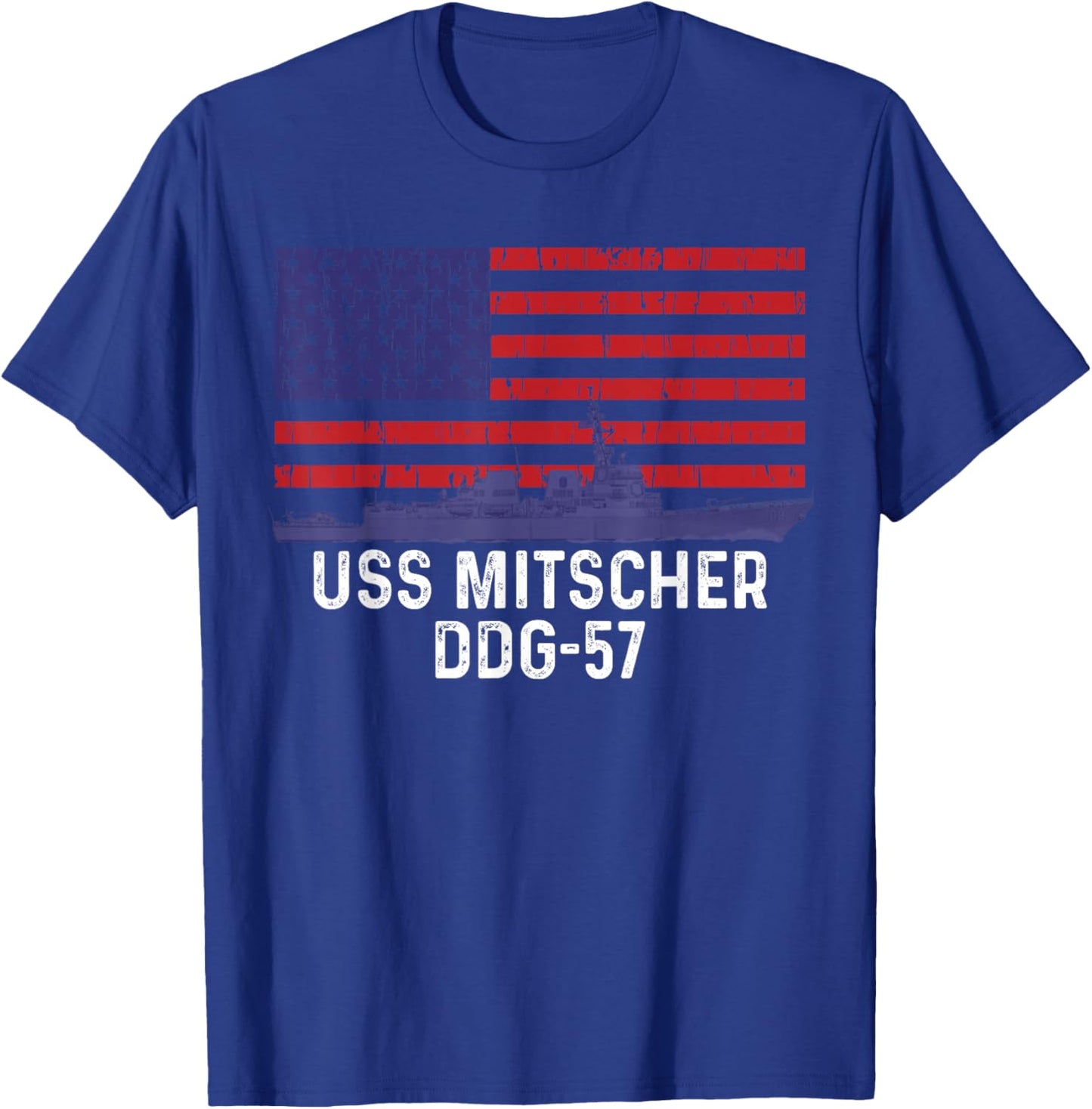 American Flag USS Mitscher DDG-57 Destroyer T-Shirt - T-Shirt | Royal