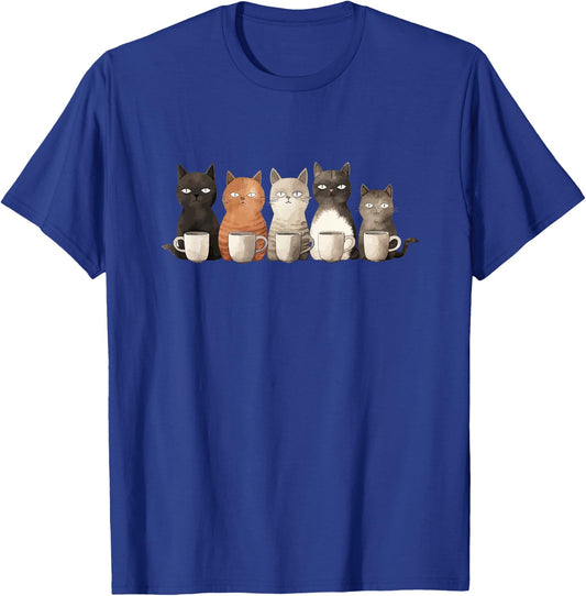 Funny Cats with Coffee, Cats in a Line with Coffee or Tea T-Shirt - T-Shirt | Royal