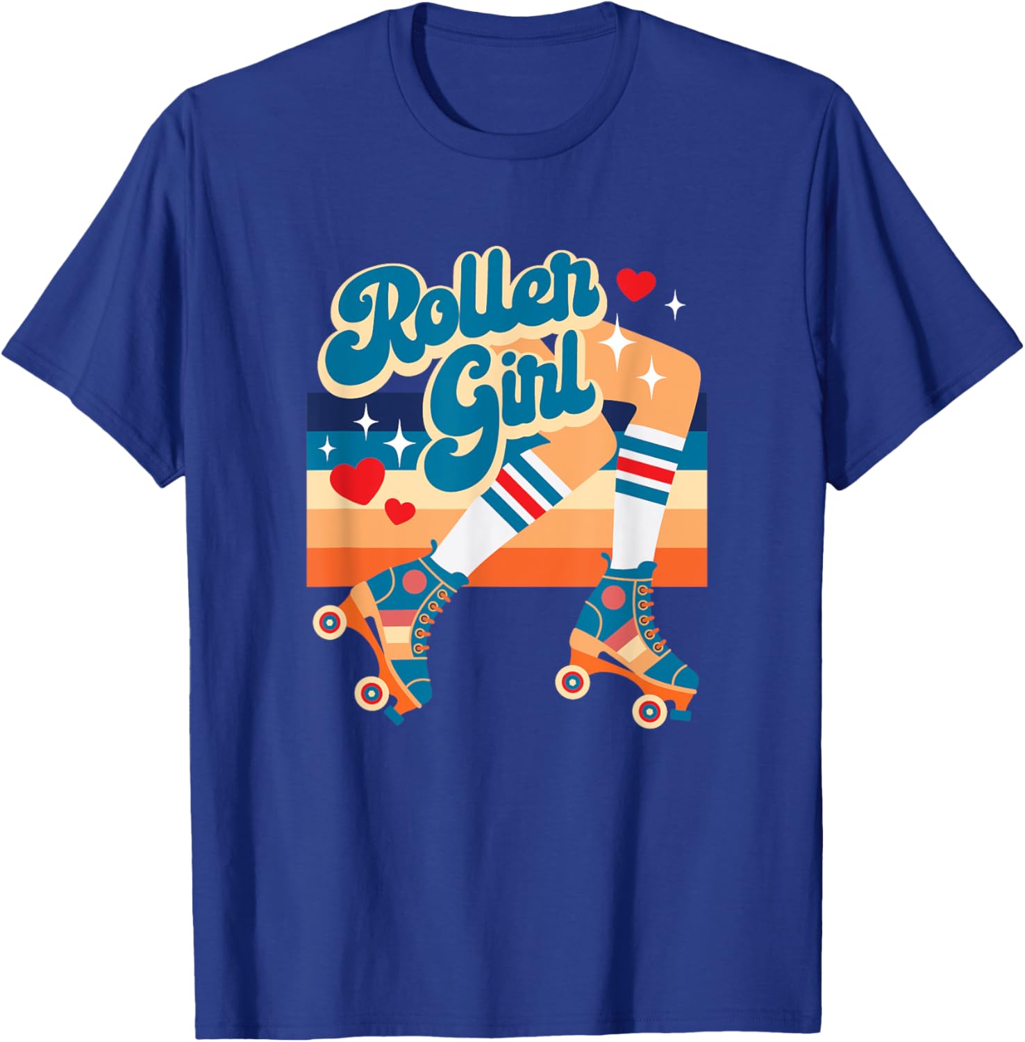 Retro Vintage Roller Girl Roller Skates w Hearts And Stripes T-Shirt - T-Shirt | Royal