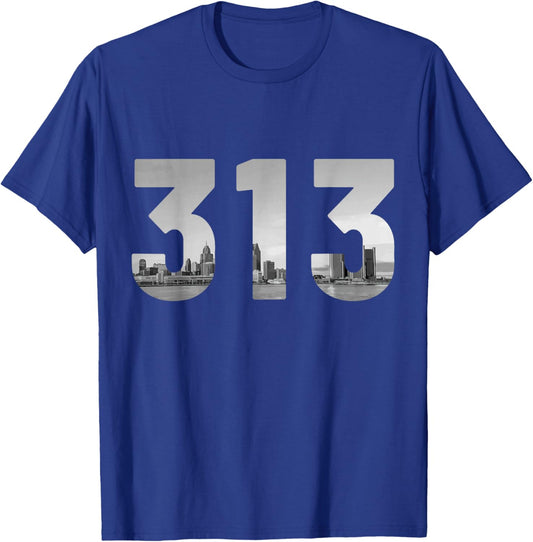 Detroit 313 Area Code Michigan Skyline Vintage T-Shirt - T-Shirt | Royal