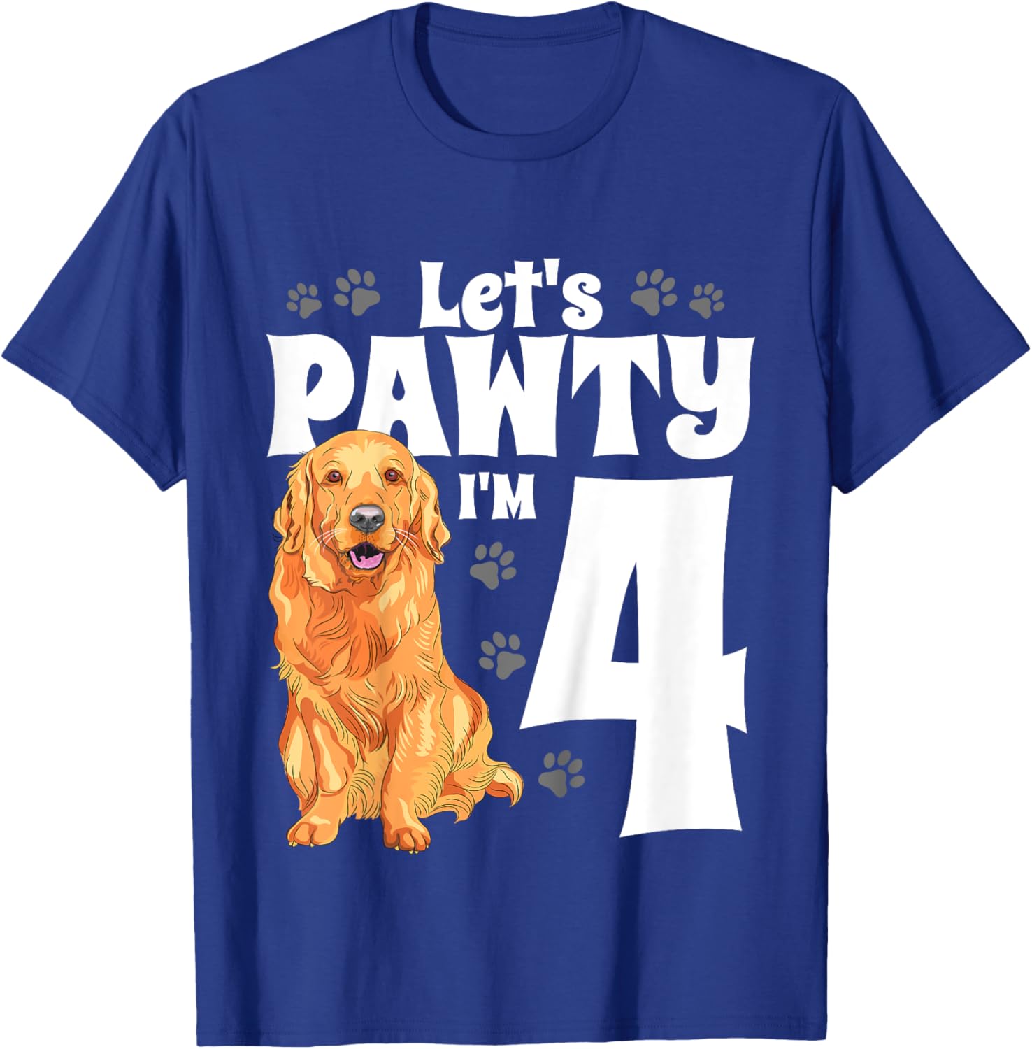 Kids 4 Year Old Golden Retriever Dog Birthday Pawty Dogs 4th Gift T-Shirt - T-Shirt | Royal