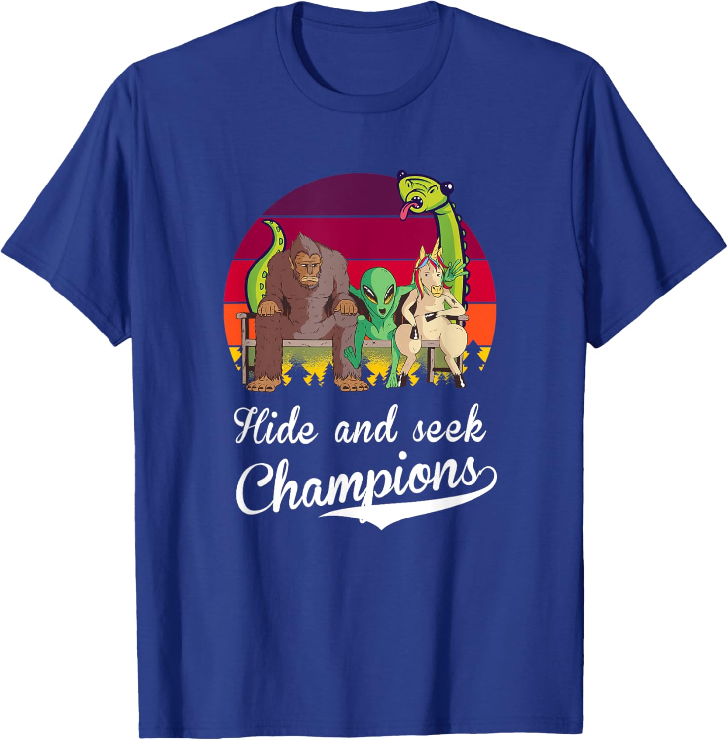 Hide and Seek Champions, Bigfoot, Alien, Unicorn, Loch Ness T-Shirt - T-Shirt | Royal
