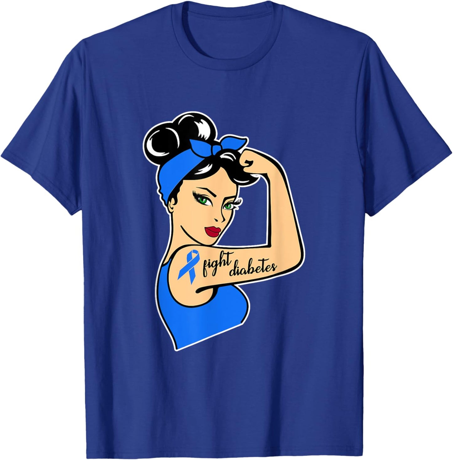 Type One Diabetes Awareness Month Rosie Riveter Blue Ribbon T-Shirt - T-Shirt | Royal