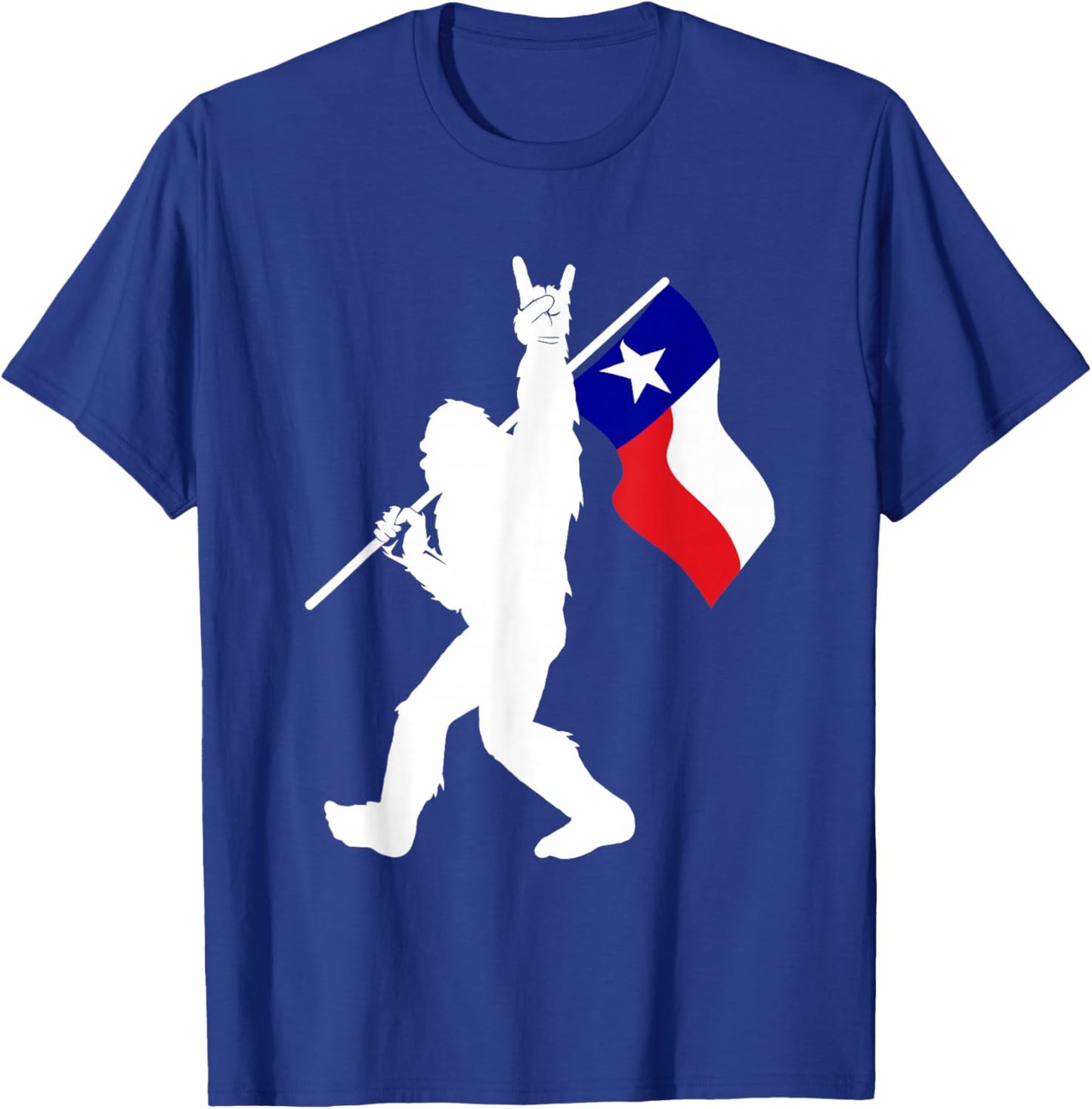 State of Texas Flag Bigfoot Rock On for Sasquatch Hunter T-Shirt - T-Shirt | Royal
