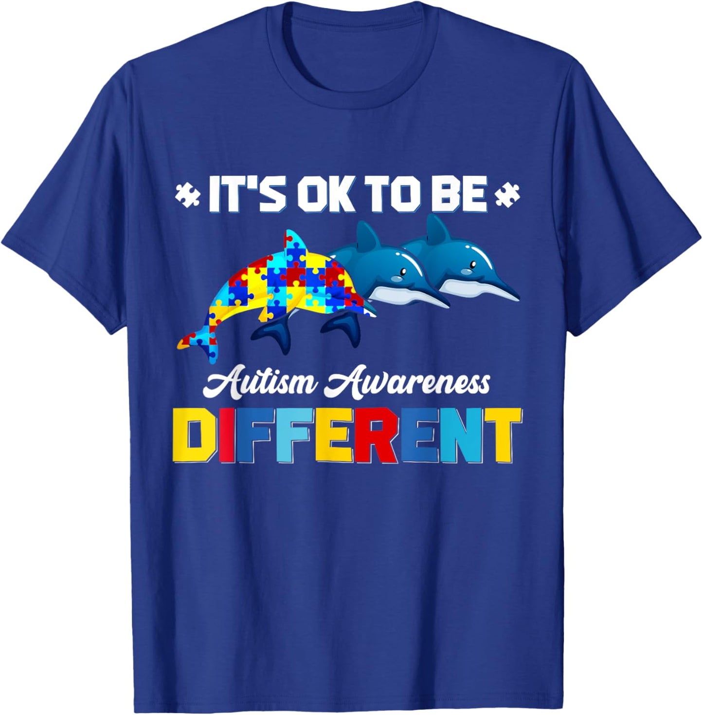 Cute Puzzle Dolphin It's Ok To Be Different Autism Awareness T-Shirt - T-Shirt | Royal