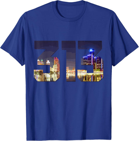 313 Detroit Area Code Michigan Night Skyline Pride Vintage T-Shirt - T-Shirt | Royal