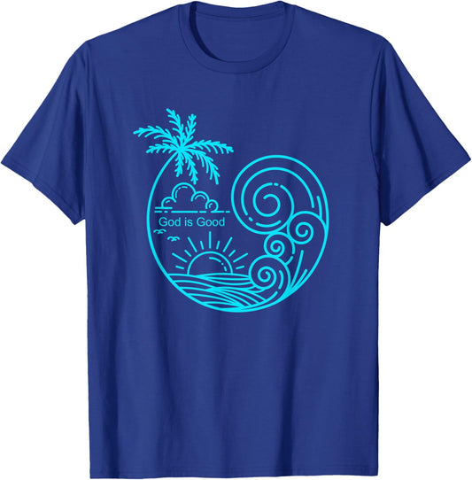 Christian Tropical Wave Beach Line Art Graphic Design T-Shirt - T-Shirt | Royal
