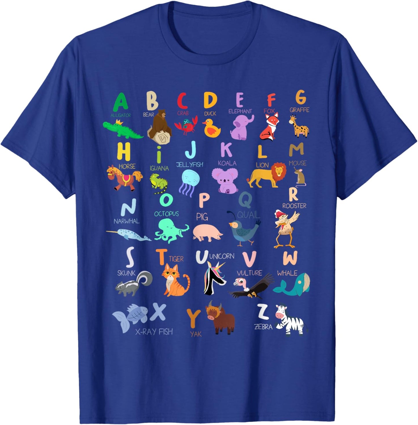 Alphabet Animal ABC Alligator Bear Crab Duck Elephant Fox T-Shirt - T-Shirt | Royal