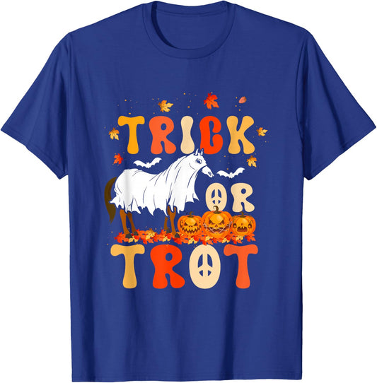 Trick Or Trot Funny Halloween Pumpkin And Cute Ghost Horse T-Shirt - T-Shirt | Royal