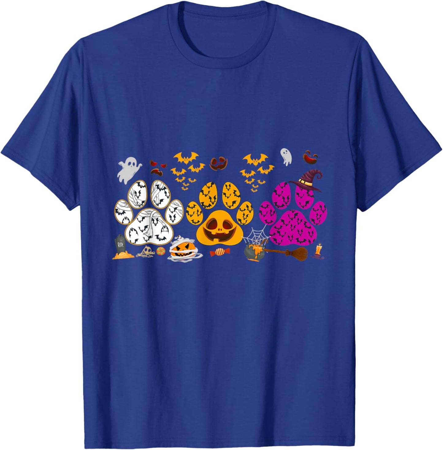 Funny Paw Print Halloween Dog Candy Pumpkin Ghost Dog Lovers T-Shirt - T-Shirt | Royal
