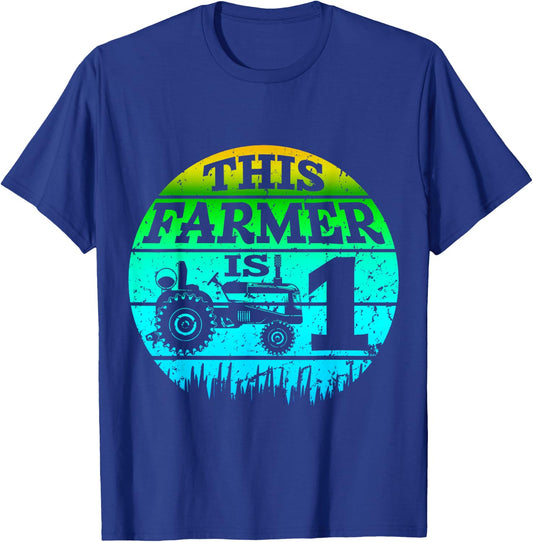 1st Birthday Farmer 1 Year Old Farm Truck Tractor Party T-Shirt - T-Shirt | Royal