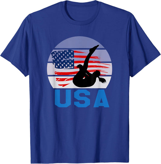 USA American Flag Diving Sports Female Swimming Game T-Shirt - T-Shirt | Royal