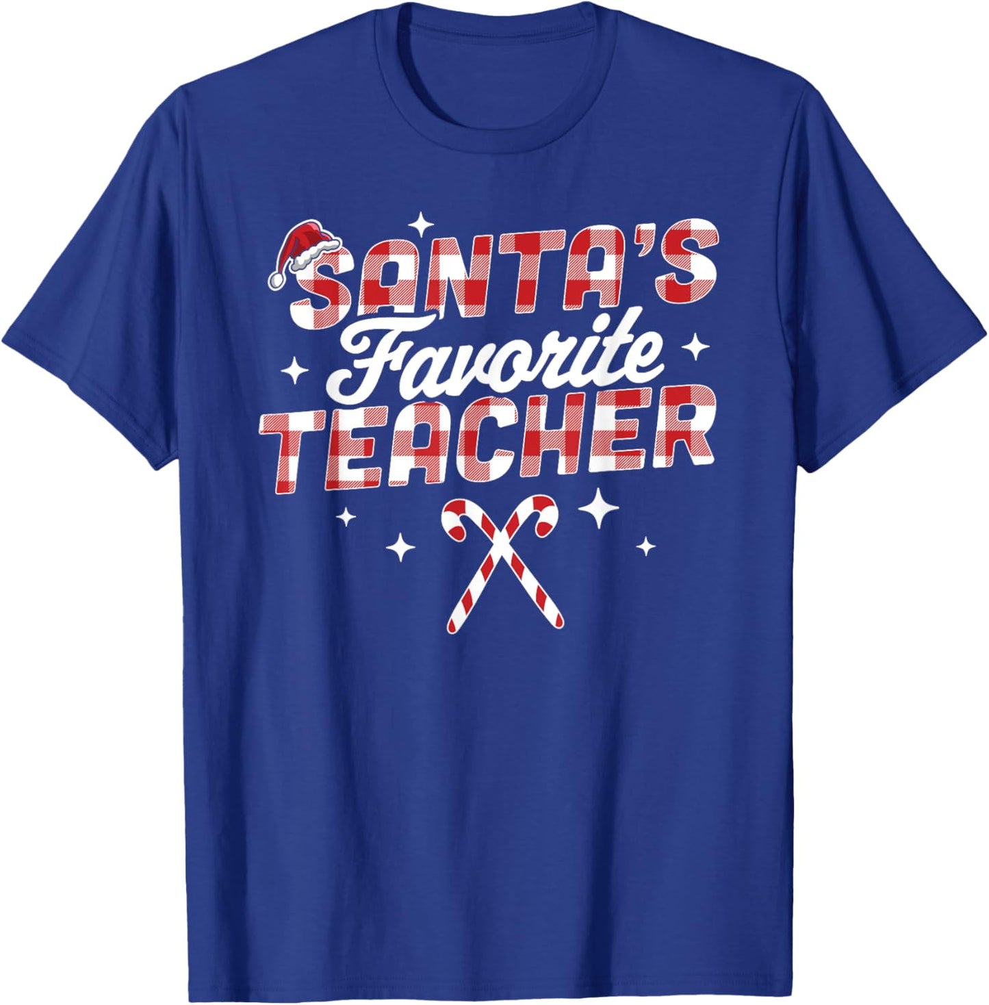 Santa's Favorite Teacher Christmas Santa Hat Candy Cane Xmas T-Shirt - T-Shirt | Royal