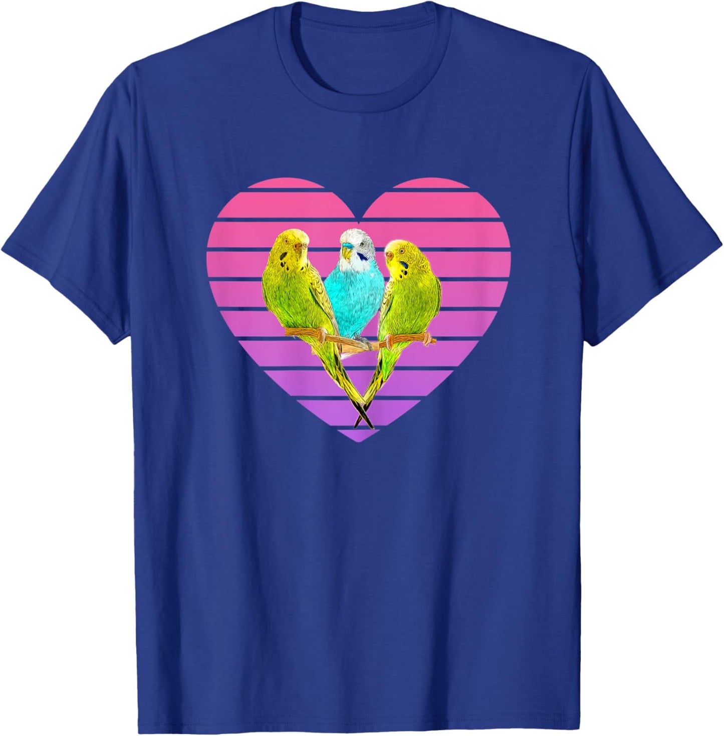 Three Parakeets Inside a Retro Sunset Style Heart T-Shirt - T-Shirt | Royal