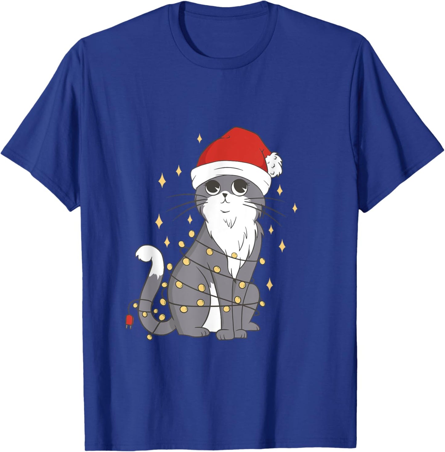 Cat Christmas Hat Christmas Lights Cute Cat Christmas Women Girls Kids T-Shirt - T-Shirt | Royal