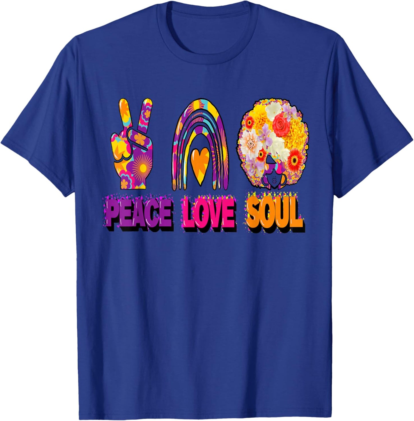 Peace Love and Soul Groovy Hippie Retro Sign Heart Afro T-Shirt - T-Shirt | Royal